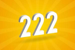 3D 222 number font alphabet. White 3D Number 222 with yellow background vector