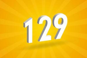 3D 129 number font alphabet. White 3D Number 129 with yellow background vector