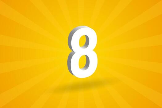 3D 8 number font alphabet. White 3D Number 8 with yellow background vector