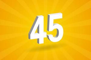 3D 45 number font alphabet. White 3D Number 45 with yellow background vector