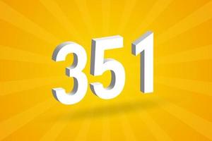 3D 351 number font alphabet. White 3D Number 351 with yellow background vector