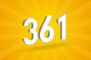 3D 361 number font alphabet. White 3D Number 361 with yellow background vector