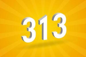 3D 313 number font alphabet. White 3D Number 313 with yellow background vector