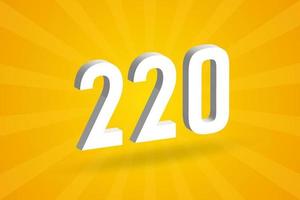 3D 220 number font alphabet. White 3D Number 220 with yellow background vector