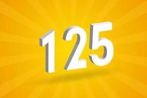 3D 125 number font alphabet. White 3D Number 125 with yellow background vector