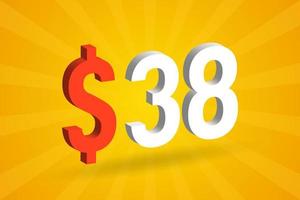 38 USD 3D text symbol. 38 United State Dollar 3D with yellow background American Money stock vector