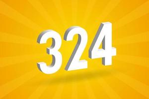 3D 324 number font alphabet. White 3D Number 324 with yellow background vector