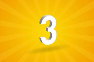 3D 3 number font alphabet. White 3D Number 3 with yellow background vector