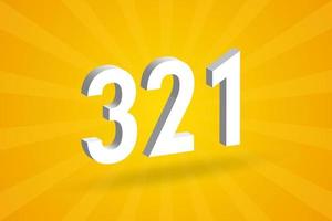 3D 321 number font alphabet. White 3D Number 321 with yellow background vector