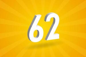 3D 62 number font alphabet. White 3D Number 62 with yellow background vector