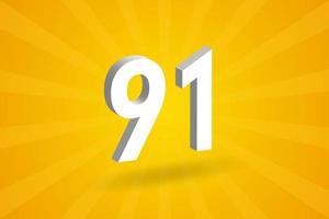 3D 91 number font alphabet. White 3D Number 91 with yellow background vector