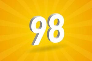 3D 98 number font alphabet. White 3D Number 98 with yellow background vector