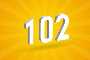 3D 102 number font alphabet. White 3D Number 102 with yellow background vector