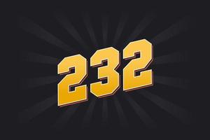 Number 232 vector font alphabet. Yellow 232 number with black background
