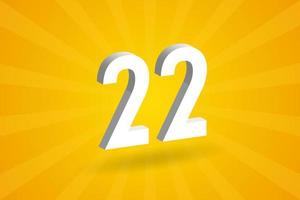 3D 22 number font alphabet. White 3D Number 22 with yellow background vector