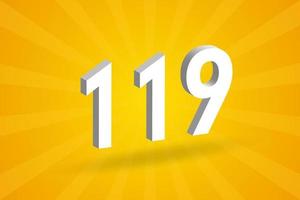 3D 119 number font alphabet. White 3D Number 119 with yellow background vector