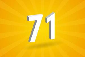 3D 71 number font alphabet. White 3D Number 71 with yellow background vector