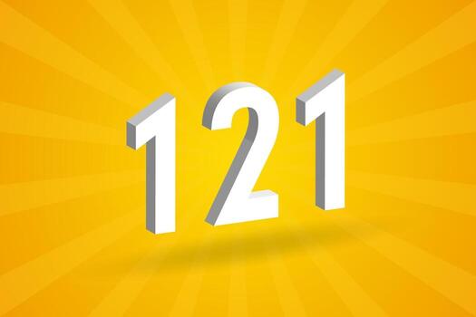 3D 121 number font alphabet. White 3D Number 121 with yellow background vector