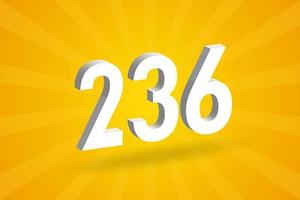 3D 236 number font alphabet. White 3D Number 236 with yellow background vector