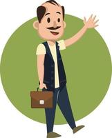 Man with suitcase waving, illustration, vector on white background.