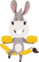 Donkey with coins, illustration, vector on white background.