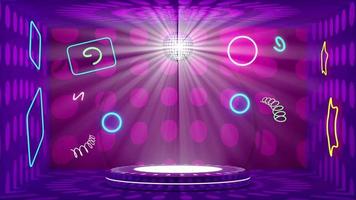 Pódio de palco de cilindro 3d vazio na sala com néon, luzes de discoteca de bola, pedestal de vitrine de cosméticos geométrico abstrato roxo, fundo violeta. cena moderna de maquete, animação 3d video