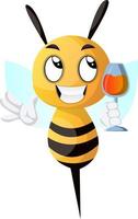 Bee holding a drink, bee drinking wine, illustration, vector on white background.