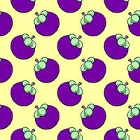 Purple mangosteen with a stem, seamless pattern on yellow background. vector