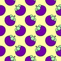 Purple mangosteen with a stem, seamless pattern on yellow background. vector