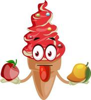 Ice cream with fruits, illustration, vector on white background.