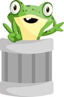 Cheerful frog mascot waving from a can, illustration, vector on white background.