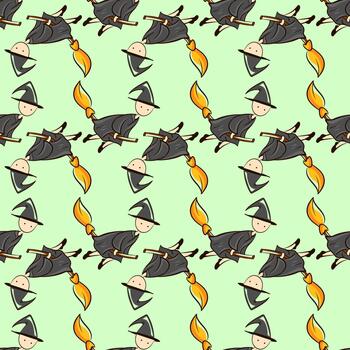bruja en patrón de escoba, patrón sin costuras sobre fondo claro. vector