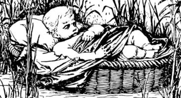 Child in basket floating down the river, vintage engraving.