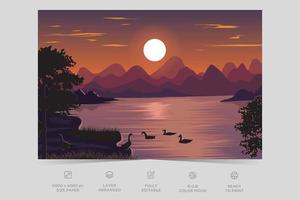 Night river view landscape design nature scene flat design background template vector illustration