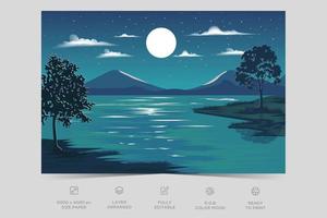 Night river view landscape design nature scene flat design background template vector illustration