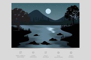 Night river view landscape design nature scene flat design background template vector illustration
