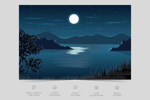 Night river view landscape design nature scene flat design background template vector illustration