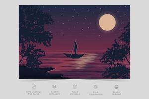 Night river view landscape design nature scene flat design background template vector illustration