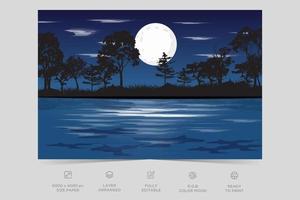 Night river view landscape design nature scene flat design background template vector illustration