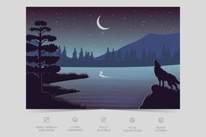 Night river view landscape design nature scene flat design background template vector illustration