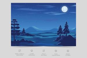 Mid night landscape colorful nature scene flat design background template vector illustration