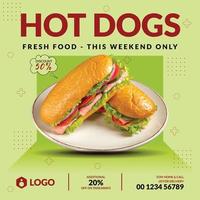 plantilla de diseño de publicación de banner de promoción de redes sociales de menú de comida de restaurante y perritos calientes súper deliciosos vector