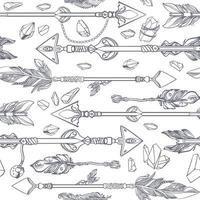 Seamless pattern of feathers, flowers, crystals. Vintage vector illustration.