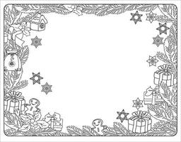 Coloring Page with winter holidays frame. Funny Christmas symbols. Vecto illustration. vector