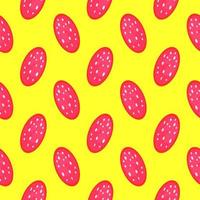 Sausage slices, seamless pattern on yellow background. vector