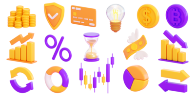 Ensemble d'icônes de finances et d'affaires 3d. concept d'argent, de bourse, d'investissement commercial, de commerce et de finance. rendu 3d réaliste de haute qualité png