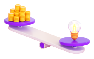 3d  scale icon with coins stack and lightning bulb. Weight, comparison, money safe, exchange, idea, management and investing concept. Realistic 3d high quality render png