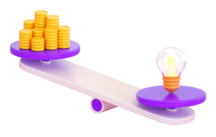 icono de escala 3d con pila de monedas y bombilla de luz. peso, comparación, dinero seguro, intercambio, idea, gestión y concepto de inversión. renderizado 3d realista de alta calidad png