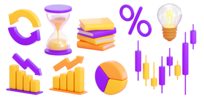 Ensemble d'icônes de finances et d'affaires 3d. concept d'argent, de bourse, d'investissement commercial, de commerce et de finance. rendu 3d réaliste de haute qualité png