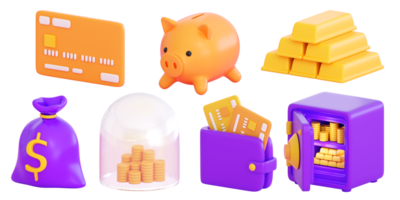 3d finance and business icons set.  Money, stock exchange, business investment, trading and finance concept. Realistic 3d high quality render png